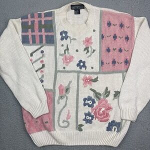 Vintage Braunstyle‎ White Pink Floral Knit Cottagecore Sweater Womens Medium